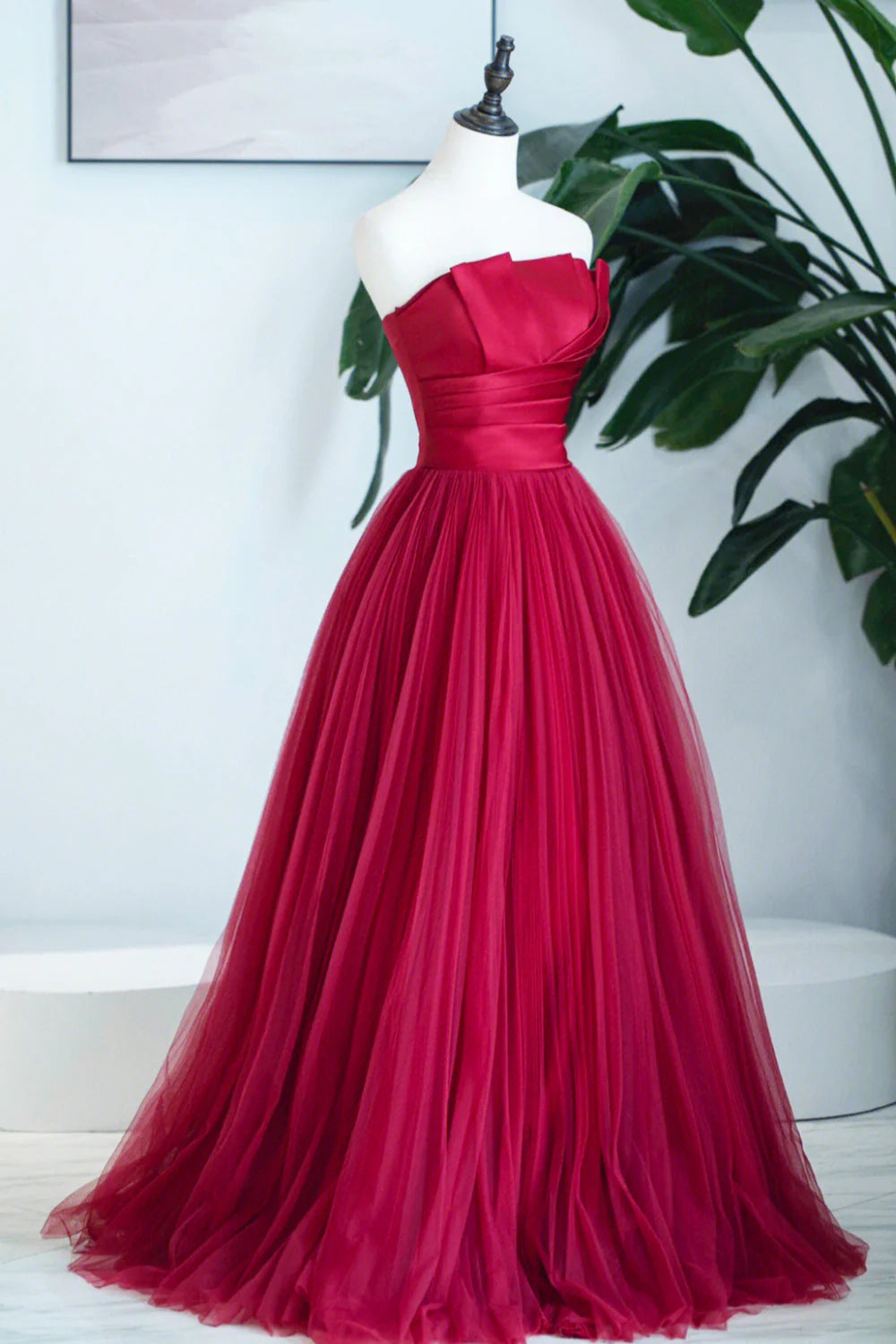 Burgundy Satin Tulle Long Prom Dress  A-Line Strapless Evening Dress simple gentle atmospheric and unique desi Bring summer colors to enhance white