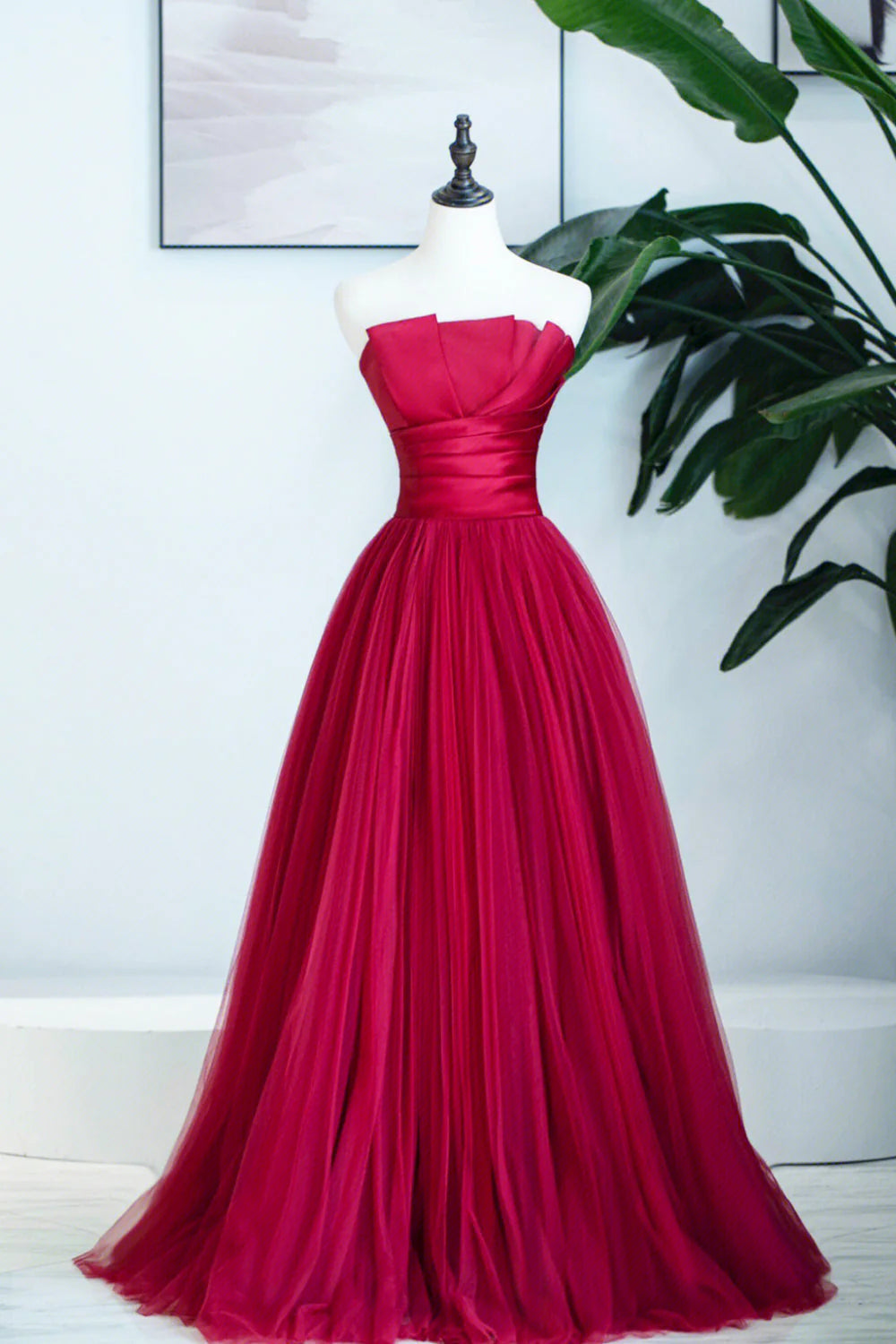 Burgundy Satin Tulle Long Prom Dress  A-Line Strapless Evening Dress simple gentle atmospheric and unique desi Bring summer colors to enhance white