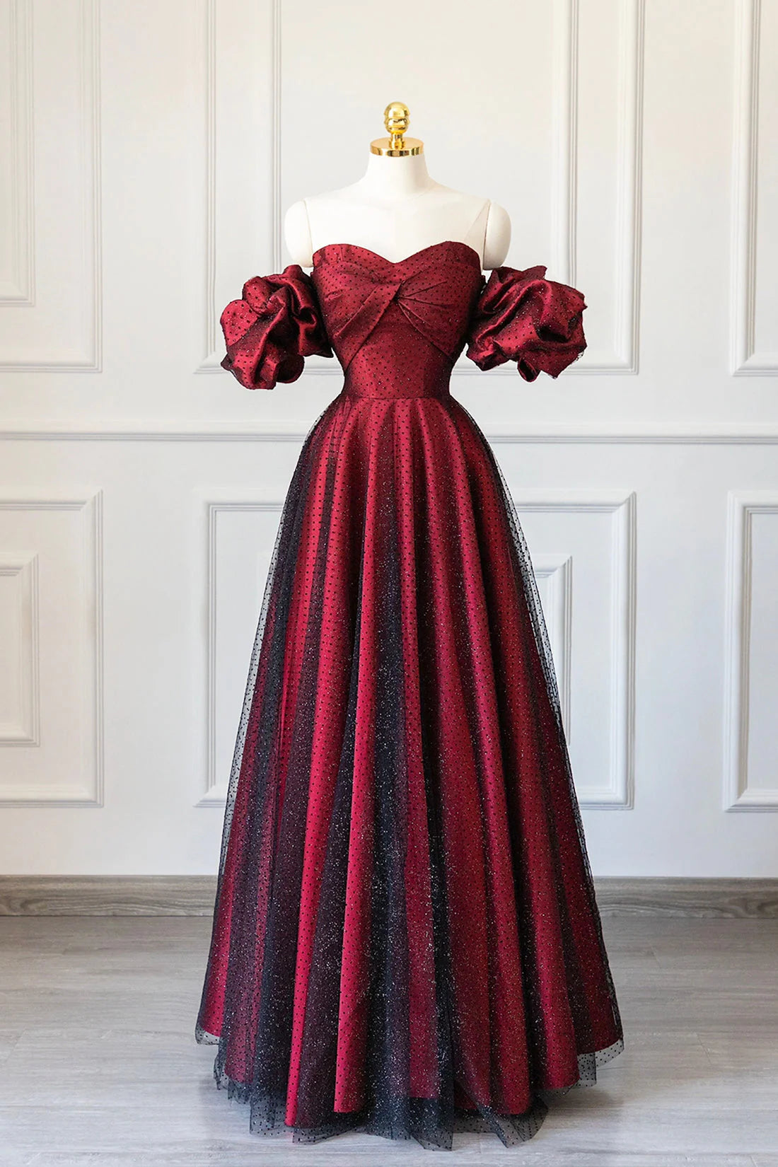 Burgundy Satin Tulle Long Prom Dress Off Shoulder Evening Party Dress simple gentle atmospheric and unique desi Bring summer colors to enhance white