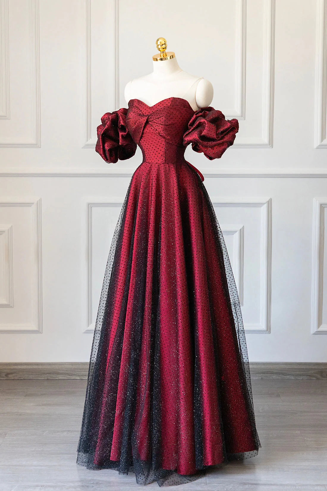 Burgundy Satin Tulle Long Prom Dress Off Shoulder Evening Party Dress simple gentle atmospheric and unique desi Bring summer colors to enhance white