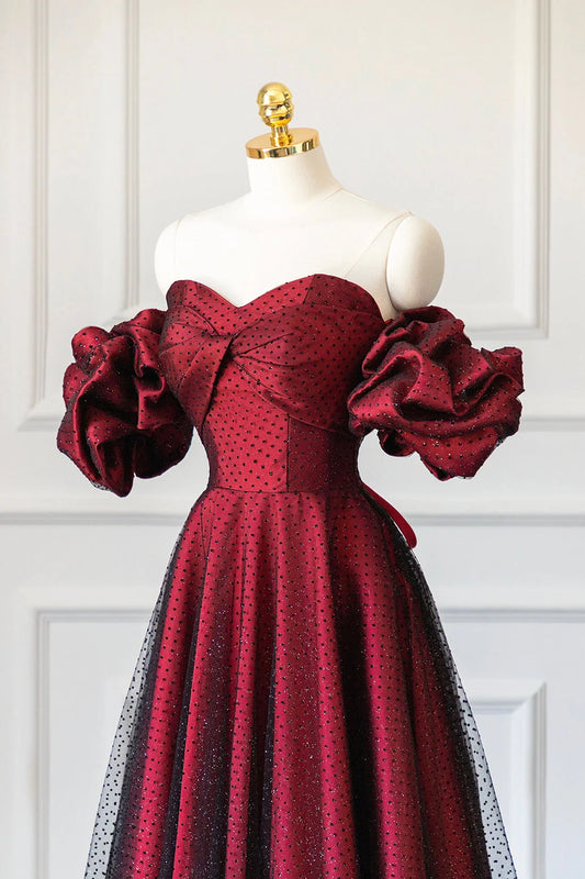 Burgundy Satin Tulle Long Prom Dress Off Shoulder Evening Party Dress simple gentle atmospheric and unique desi Bring summer colors to enhance white
