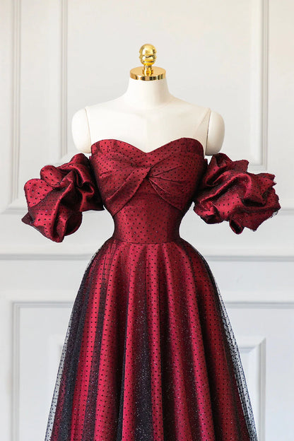 Burgundy Satin Tulle Long Prom Dress Off Shoulder Evening Party Dress simple gentle atmospheric and unique desi Bring summer colors to enhance white