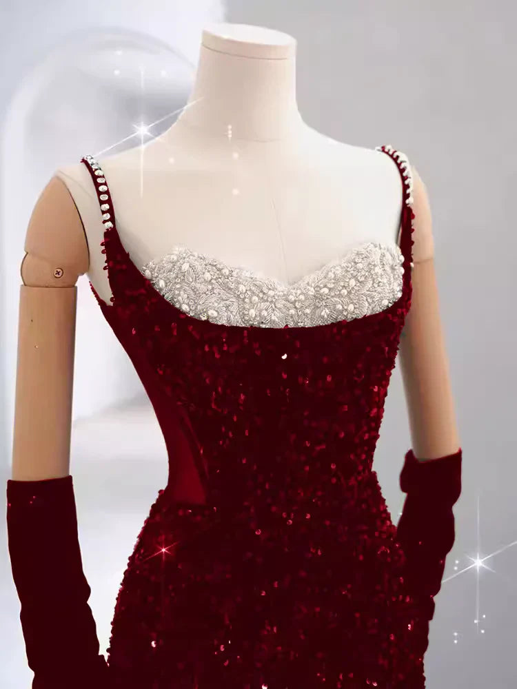 Burgundy Shiny Elegant Long Sequined Ball Gown Evening Dress Party Dress simple gentle atmospheric and unique desi Bring summer colors to enhance whiteness