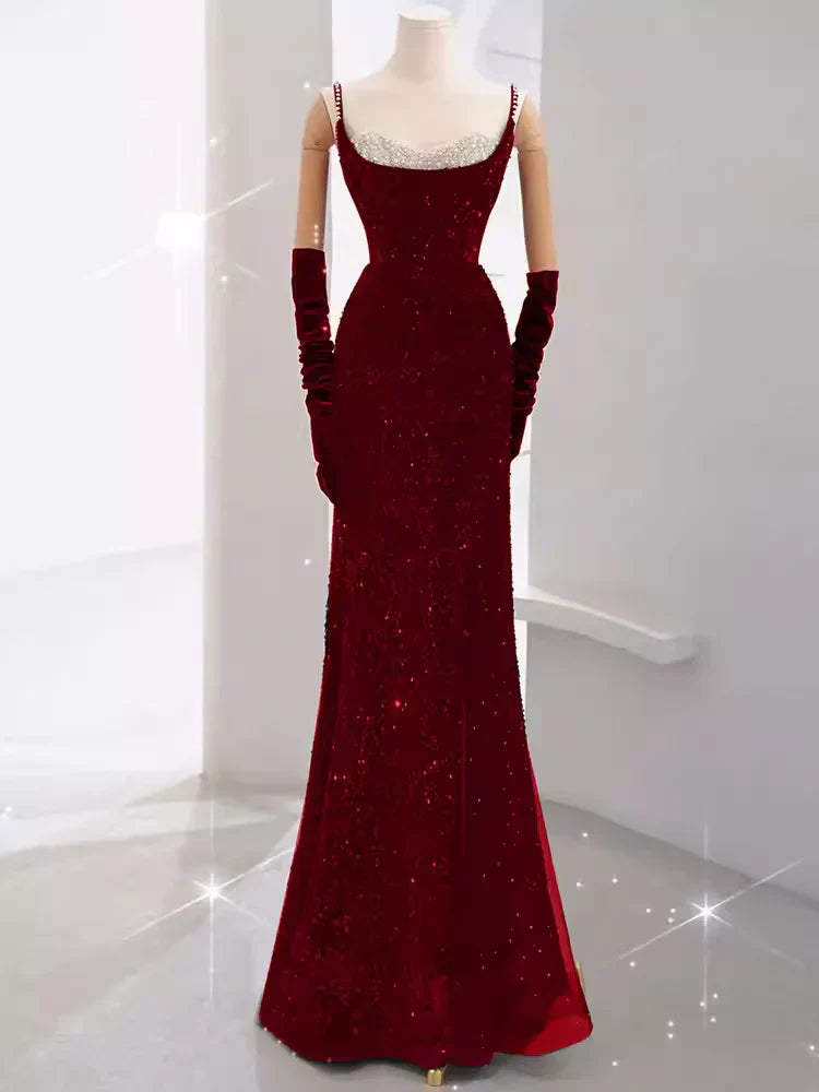 Burgundy Shiny Elegant Long Sequined Ball Gown Evening Dress Party Dress simple gentle atmospheric and unique desi Bring summer colors to enhance whiteness