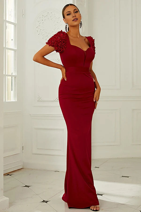 Burgundy Short Sleeves Mermaid Long Prom Dress Simple gentle atmospheric and unique design
