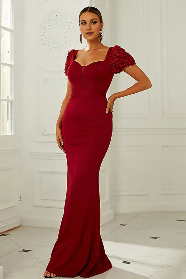 Burgundy Short Sleeves Mermaid Long Prom Dress Simple gentle atmospheric and unique design
