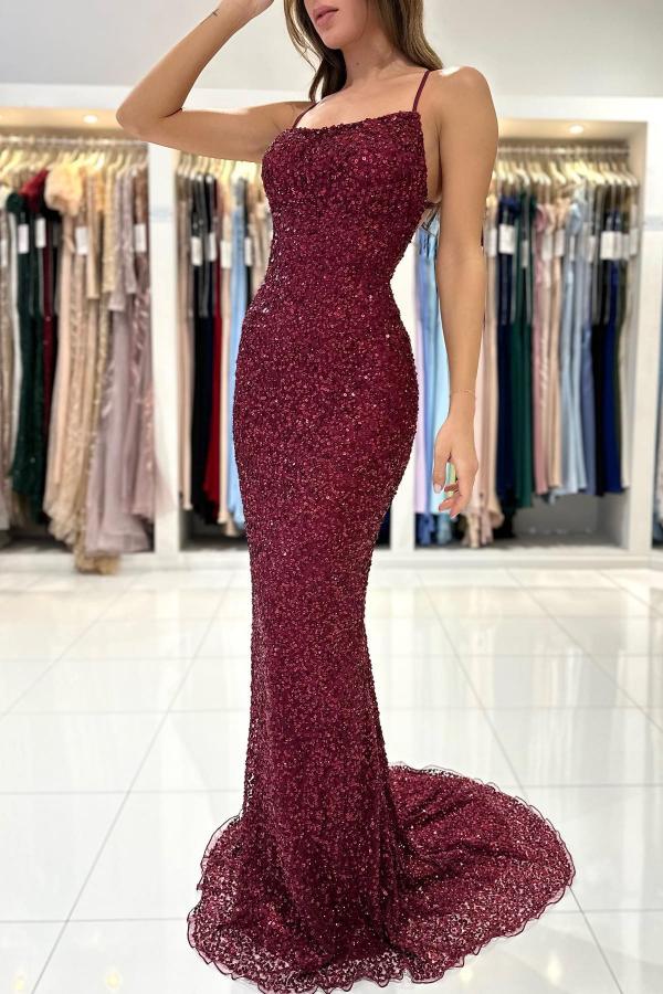 Burgundy Spaghetti-Straps Prom Dress Mermaid With Sequins Beaded Simple gentle atmospheric and unique design  ﻿