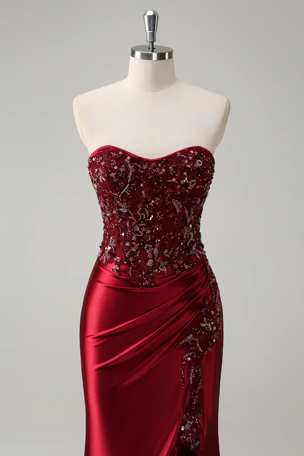 Burgundy Strapless Embellished Mermaid Evening Gown with Train Mermaid Sequin Long Prom Dress with Beading Evening Dress