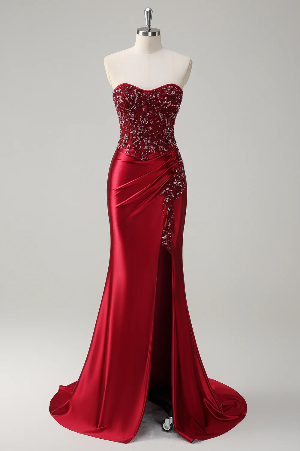 Burgundy Strapless Embellished Mermaid Evening Gown with Train Mermaid Sequin Long Prom Dress with Beading Evening Dress