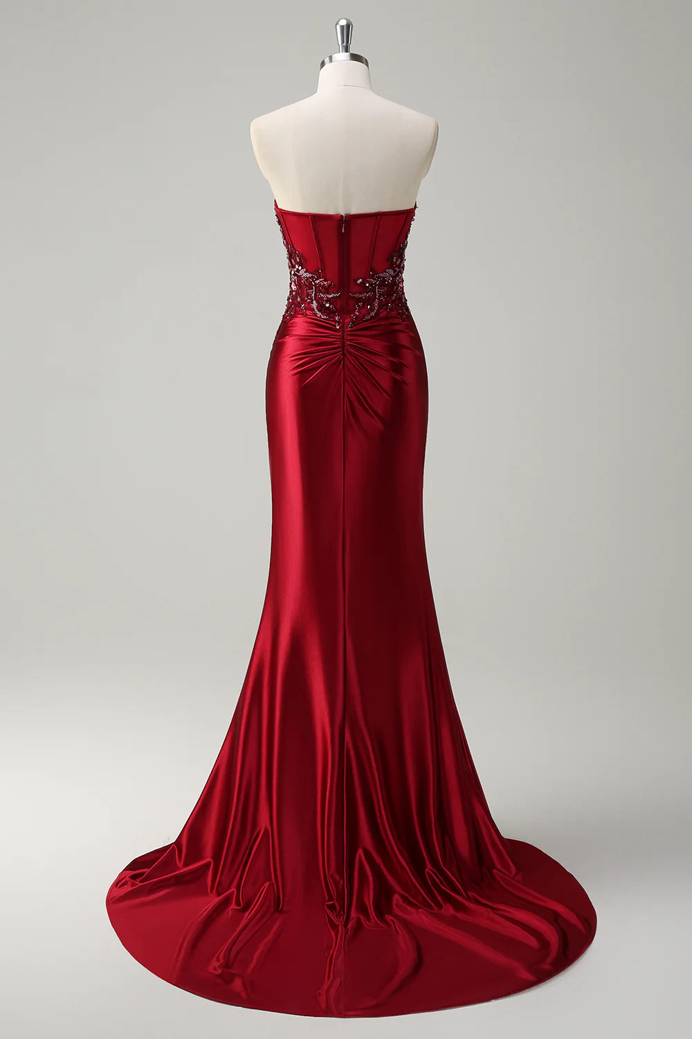 Burgundy Strapless Embellished Mermaid Evening Gown with Train Mermaid Sequin Long Prom Dress with Beading Evening Dress