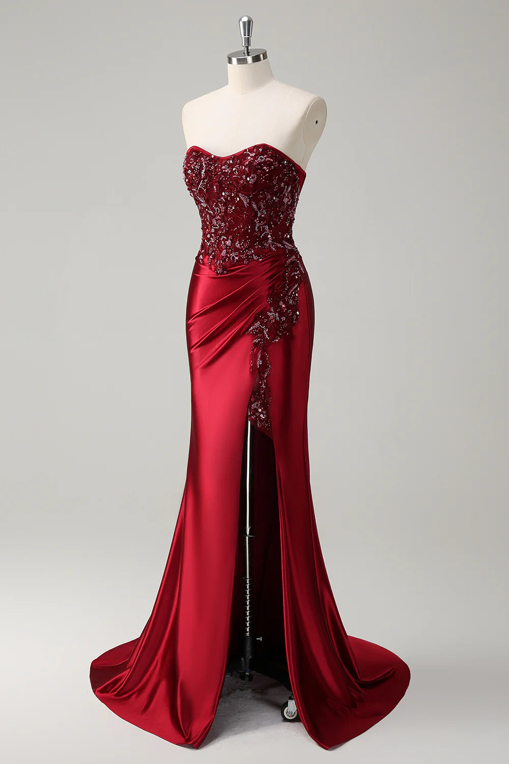 Burgundy Strapless Embellished Mermaid Evening Gown with Train Mermaid Sequin Long Prom Dress with Beading Evening Dress