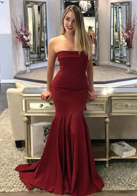 Burgundy Strapless Mermaid Evening Gown with Train Strapless Burgundy Mermaid Prom Dress,Sexy Sheath Evening Dress Party Dresses