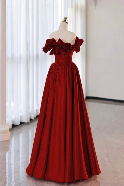 Burgundy Strapless Satin Long Prom Dress A-Line Evening Party Dress simple gentle atmospheric and unique desi Bring summer colors to enhance white