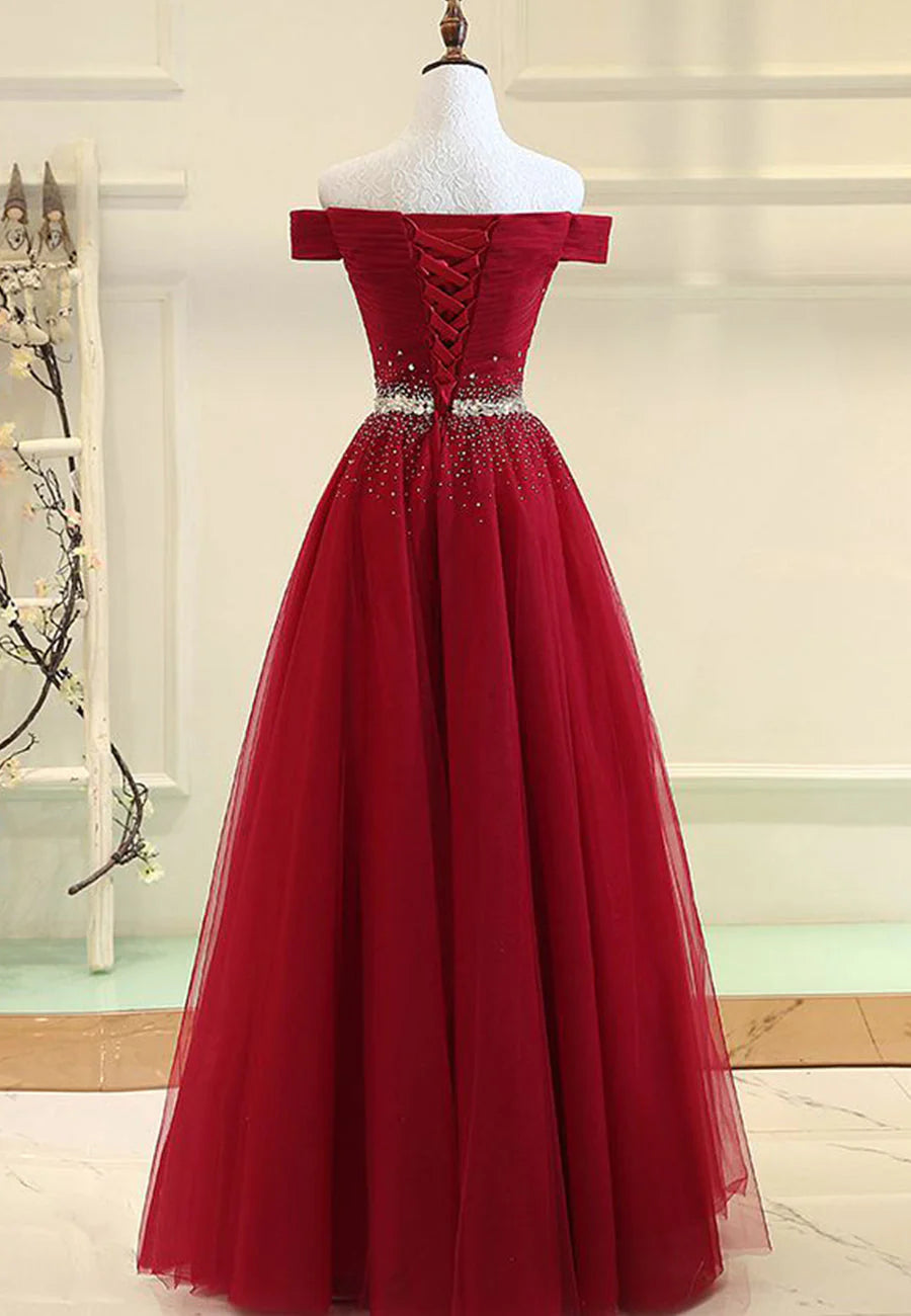 Burgundy Tulle Long A-Line Prom Dresses,Off the Shoulder Formal Evening Dresses simple gentle atmospheric and unique desi Bring summer colors to enhance whiteness