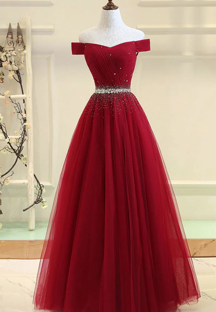 Burgundy Tulle Long A-Line Prom Dresses,Off the Shoulder Formal Evening Dresses simple gentle atmospheric and unique desi Bring summer colors to enhance whiteness