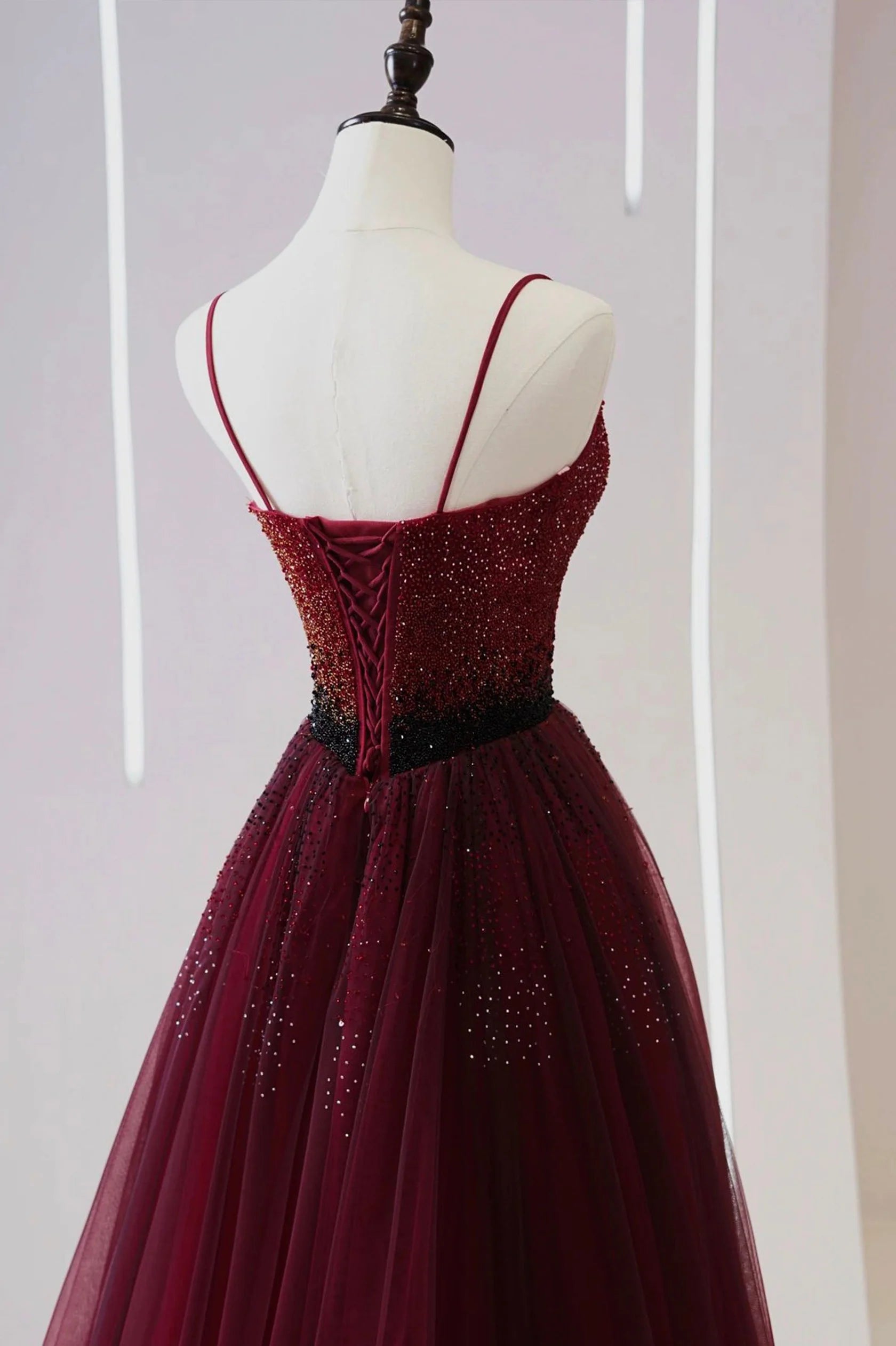Burgundy Tulle Long Prom Dress with Beaded Spaghetti Straps Evening Dress simple gentle atmospheric and unique desi Bring summer colors to enhance white