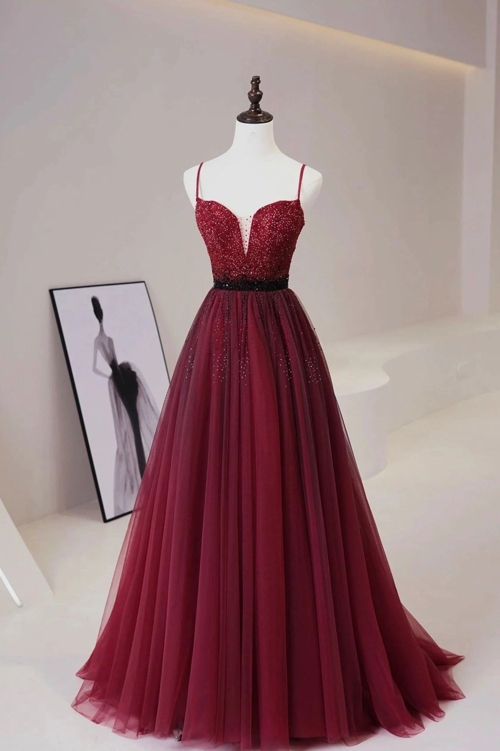 Burgundy Tulle Long Prom Dress with Beaded Spaghetti Straps Evening Dress simple gentle atmospheric and unique desi Bring summer colors to enhance white