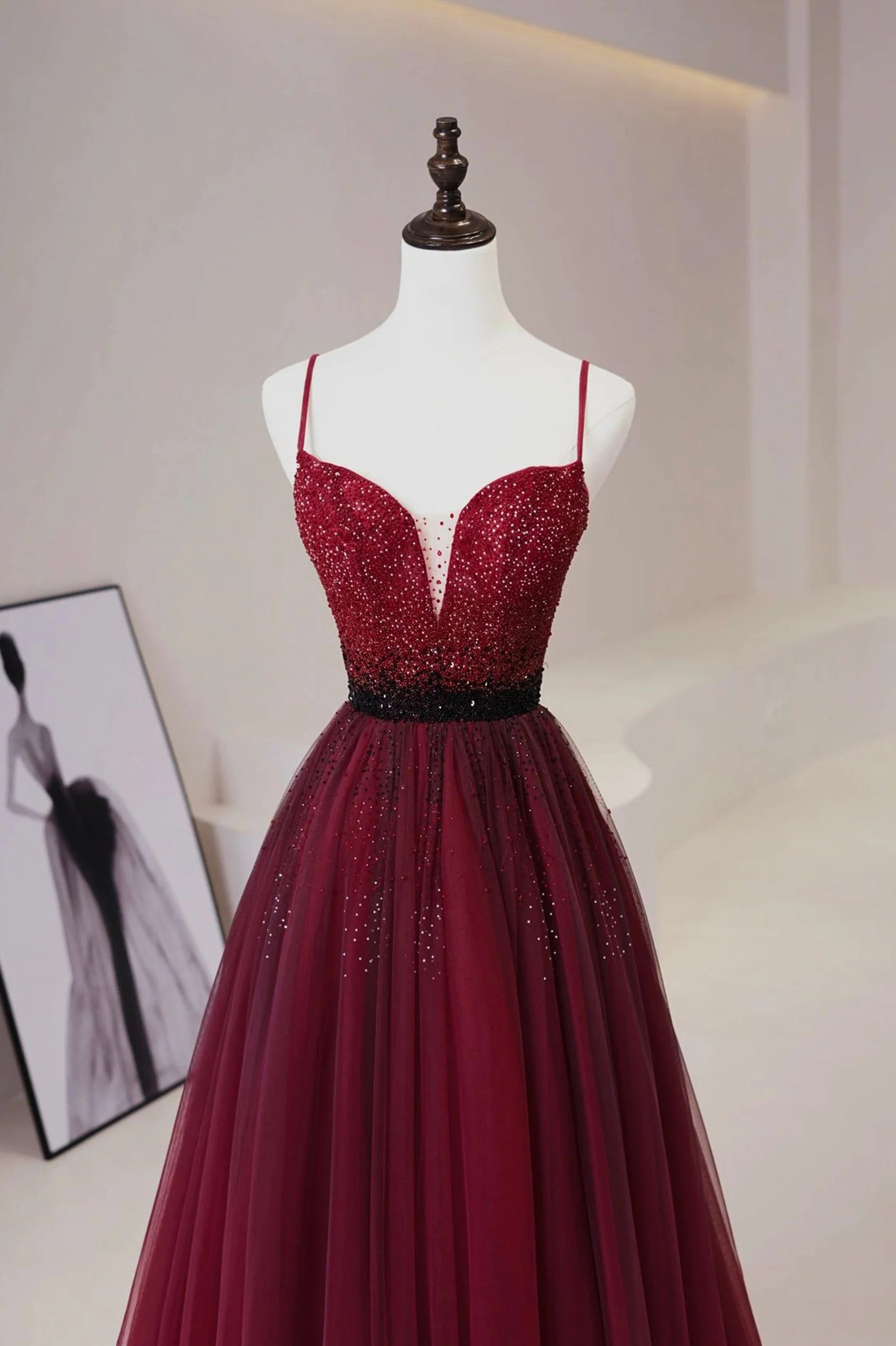 Burgundy Tulle Long Prom Dress with Beaded Spaghetti Straps Evening Dress simple gentle atmospheric and unique desi Bring summer colors to enhance white
