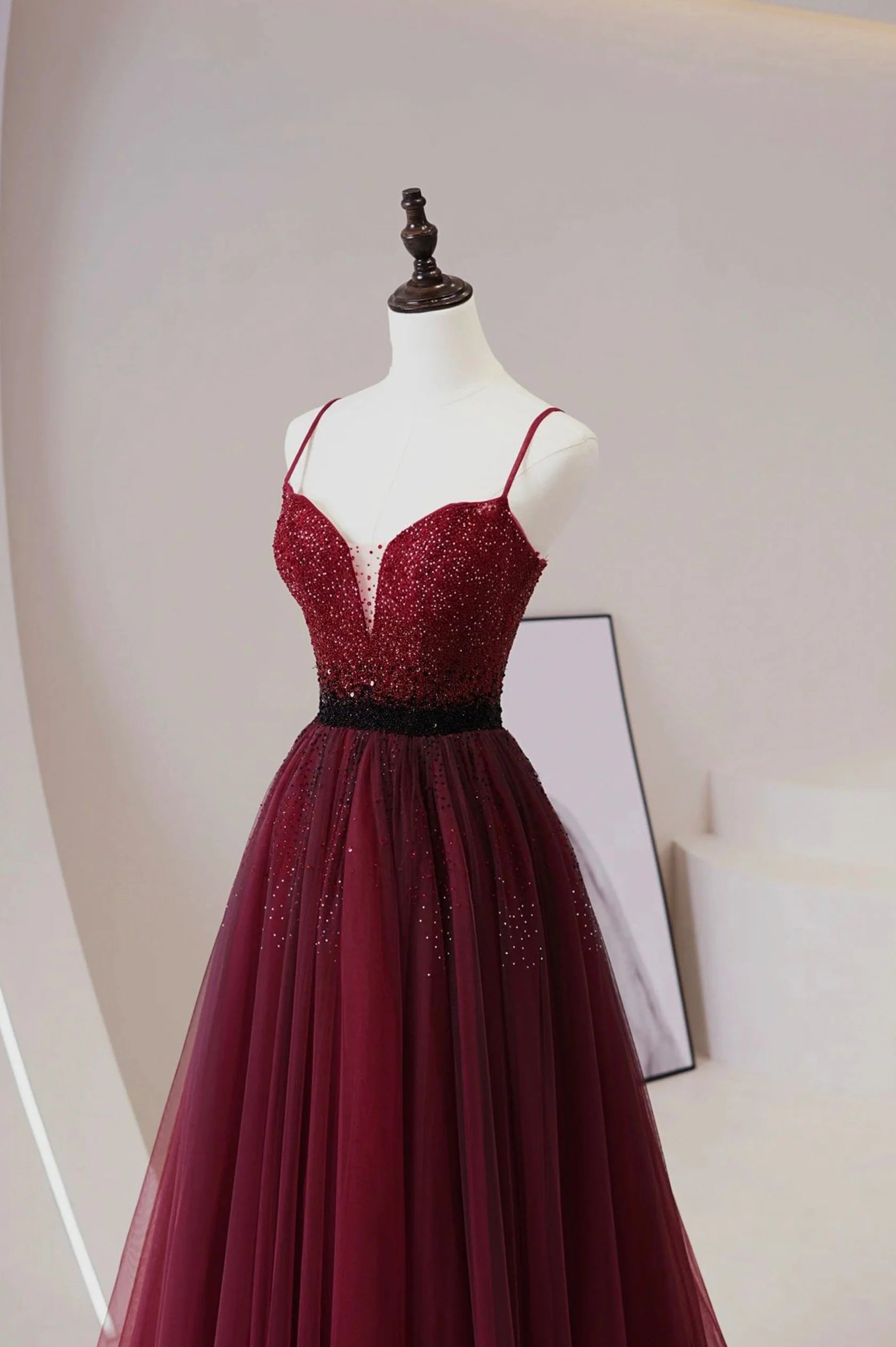 Burgundy Tulle Long Prom Dress with Beaded Spaghetti Straps Evening Dress simple gentle atmospheric and unique desi Bring summer colors to enhance white