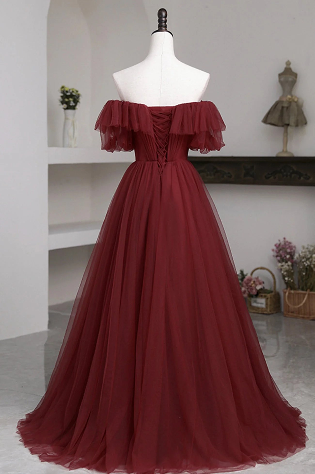 Burgundy Tulle Off the Shoulder Prom Dress Long A-Line Evening Dress simple gentle atmospheric and unique desi Bring summer colors to enhance whitenes