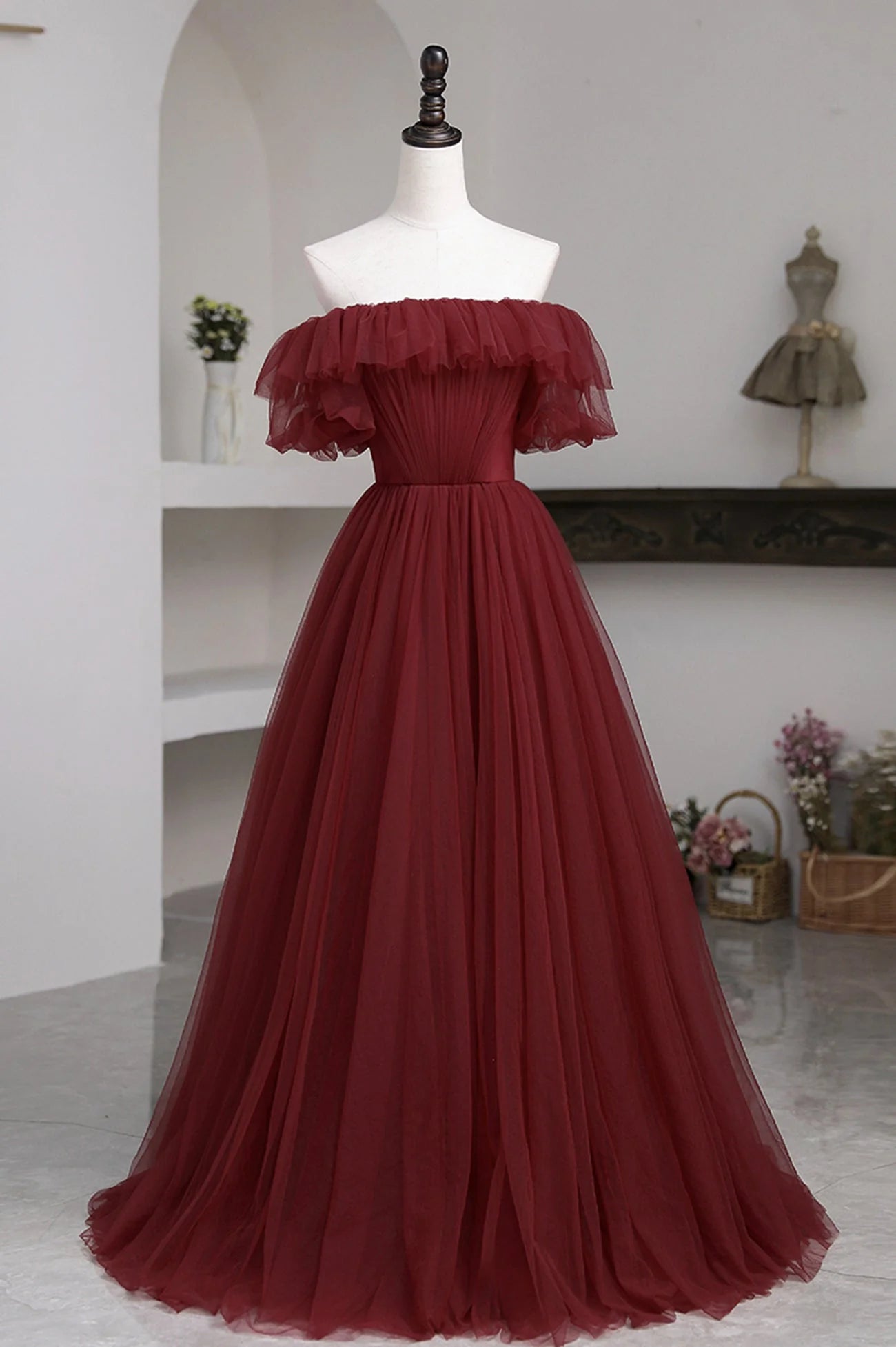 Burgundy Tulle Off the Shoulder Prom Dress Long A-Line Evening Dress simple gentle atmospheric and unique desi Bring summer colors to enhance whitenes