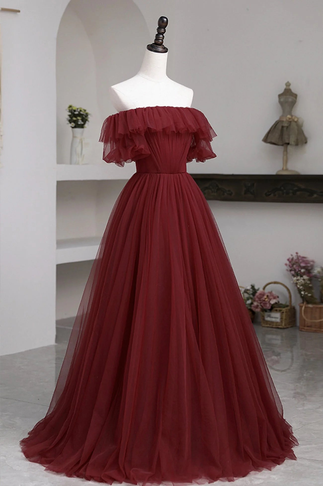 Burgundy Tulle Off the Shoulder Prom Dress Long A-Line Evening Dress simple gentle atmospheric and unique desi Bring summer colors to enhance whitenes