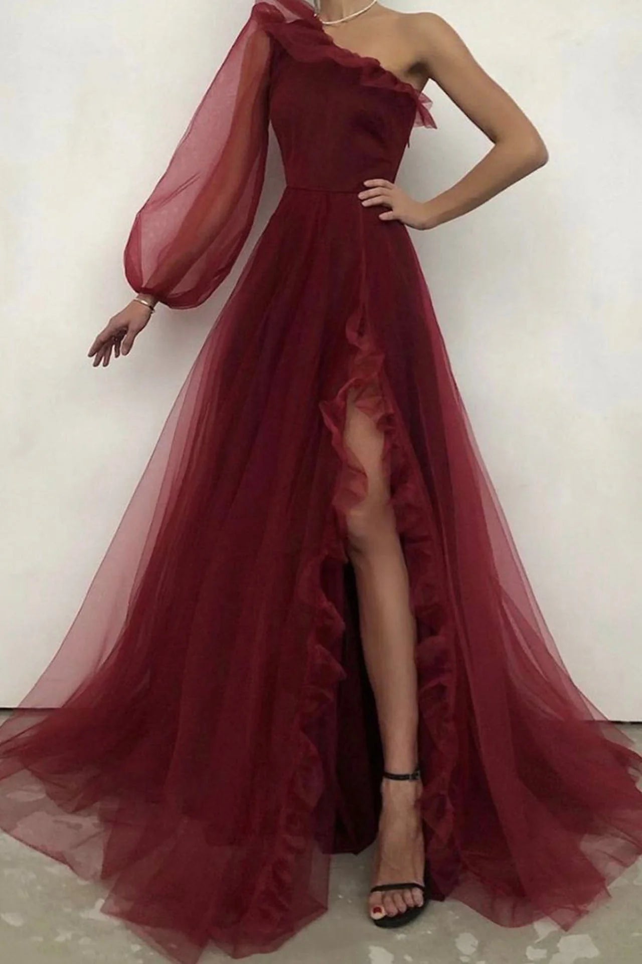 Burgundy Tulle One Shoulder Prom Dress  A-Line Evening Dress with Slit simple gentle atmospheric and unique desi Bring summer colors to enhance whitenes