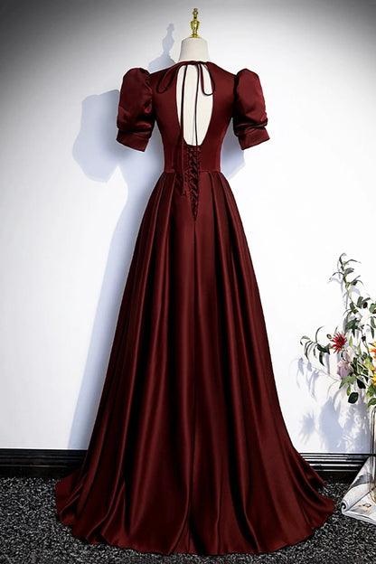 Burgundy V-Neck Satin Long Prom Dress Simple Short Sleeve Evening Party Dress simple gentle atmospheric and unique desi Bring summer colors to enhance white
