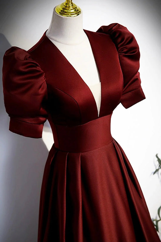 Burgundy V-Neck Satin Long Prom Dress Simple Short Sleeve Evening Party Dress simple gentle atmospheric and unique desi Bring summer colors to enhance white