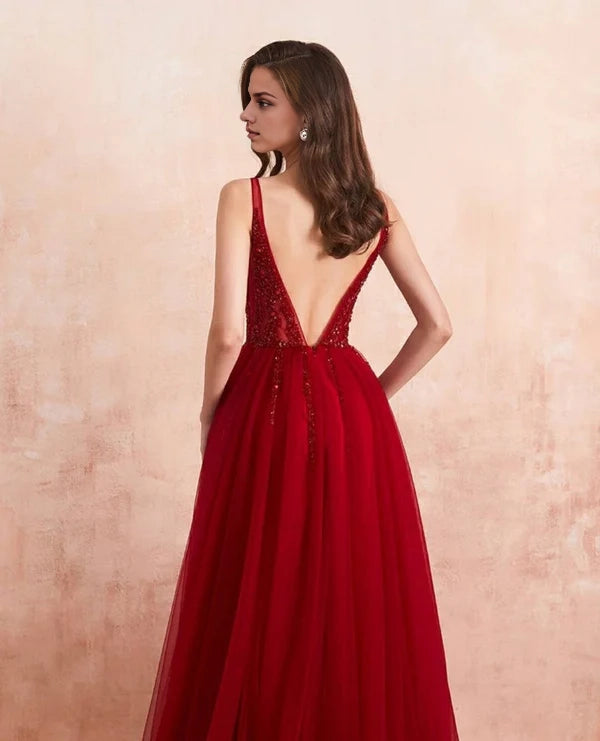 Burgundy V-Neck Sleeveless Long Evening Dress With Split Lace Appliques Simple gentle atmospheric and unique design