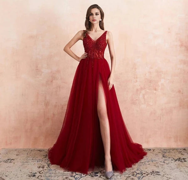 Burgundy V-Neck Sleeveless Long Evening Dress With Split Lace Appliques Simple gentle atmospheric and unique design