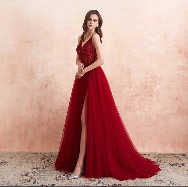 Burgundy V-Neck Sleeveless Long Evening Dress With Split Lace Appliques Simple gentle atmospheric and unique design