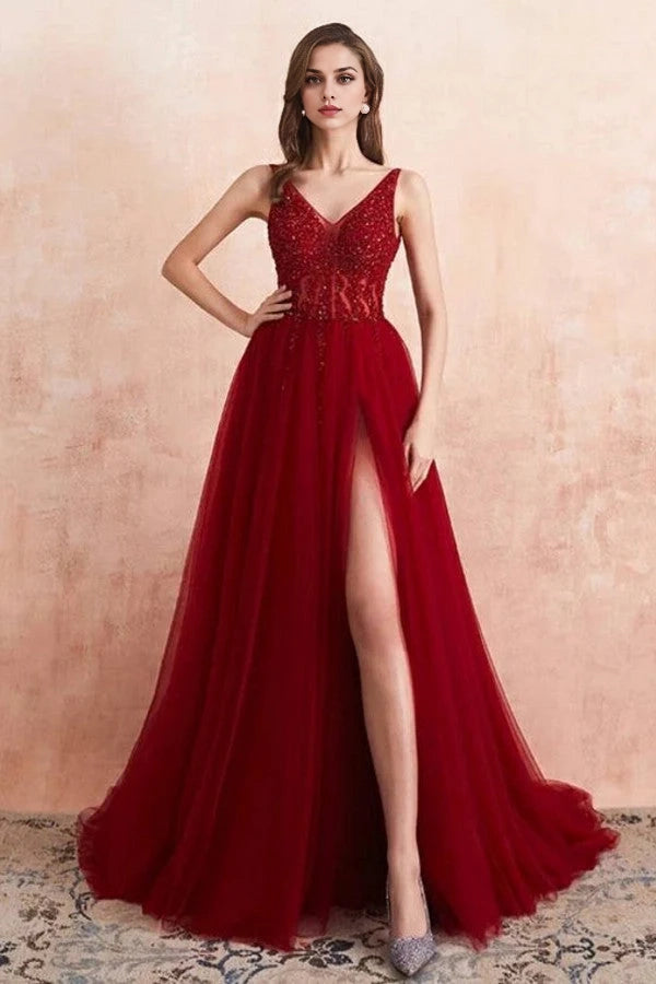 Burgundy V-Neck Sleeveless Long Evening Dress With Split Lace Appliques Simple gentle atmospheric and unique design