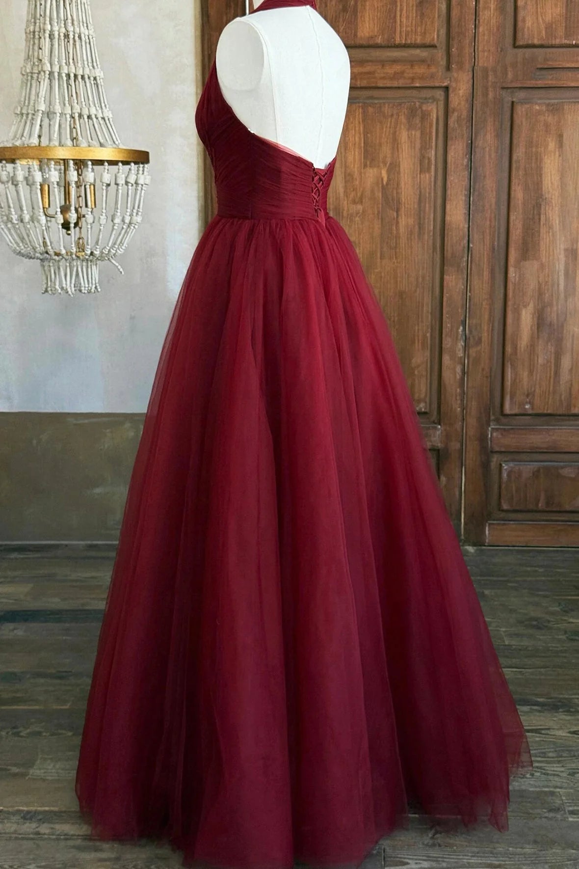 Burgundy V-Neck Tulle Long Prom Dress Elegant A-Line Backless Party Dress simple gentle atmospheric and unique desi Bring