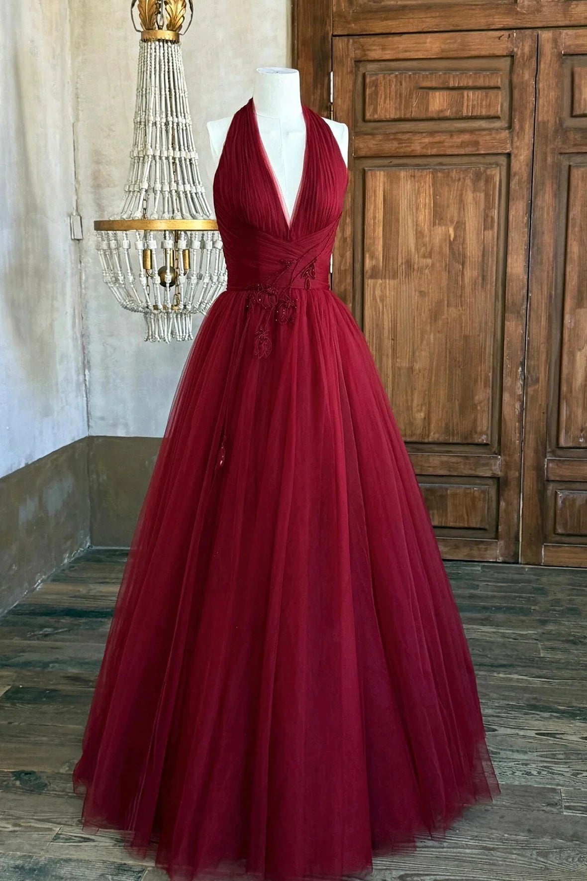 Burgundy V-Neck Tulle Long Prom Dress Elegant A-Line Backless Party Dress simple gentle atmospheric and unique desi Bring