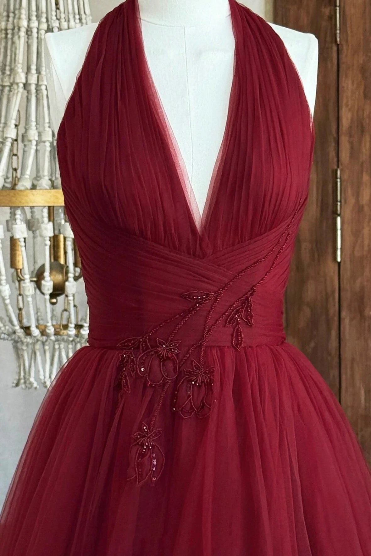Burgundy V-Neck Tulle Long Prom Dress Elegant A-Line Backless Party Dress simple gentle atmospheric and unique desi Bring