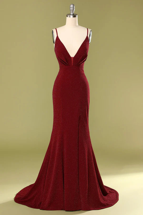 Burgundy V-neck Evening Dress Simple gentle atmospheric and unique design