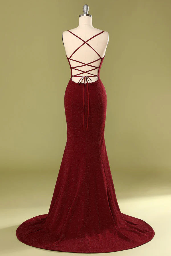 Burgundy V-neck Evening Dress Simple gentle atmospheric and unique design