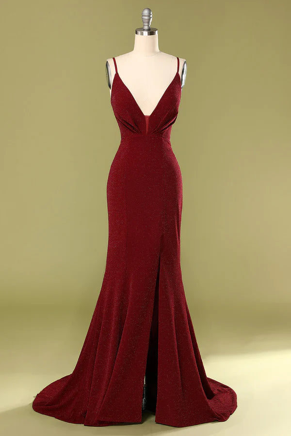 Burgundy V-neck Evening Dress Simple gentle atmospheric and unique design