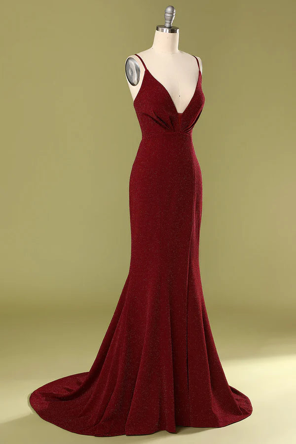 Burgundy V-neck Evening Dress Simple gentle atmospheric and unique design