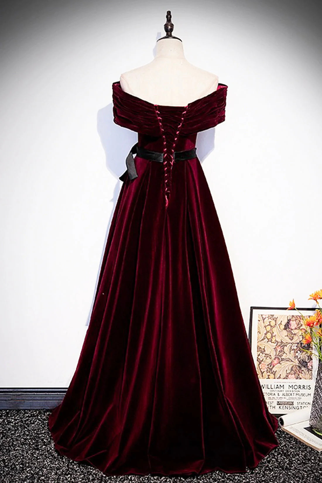 Burgundy Velvet Floor Length Prom Dress Elegant Off the Shoulder Party Dress simple gentle atmospheric and unique desi Bring summer colors to enhance white