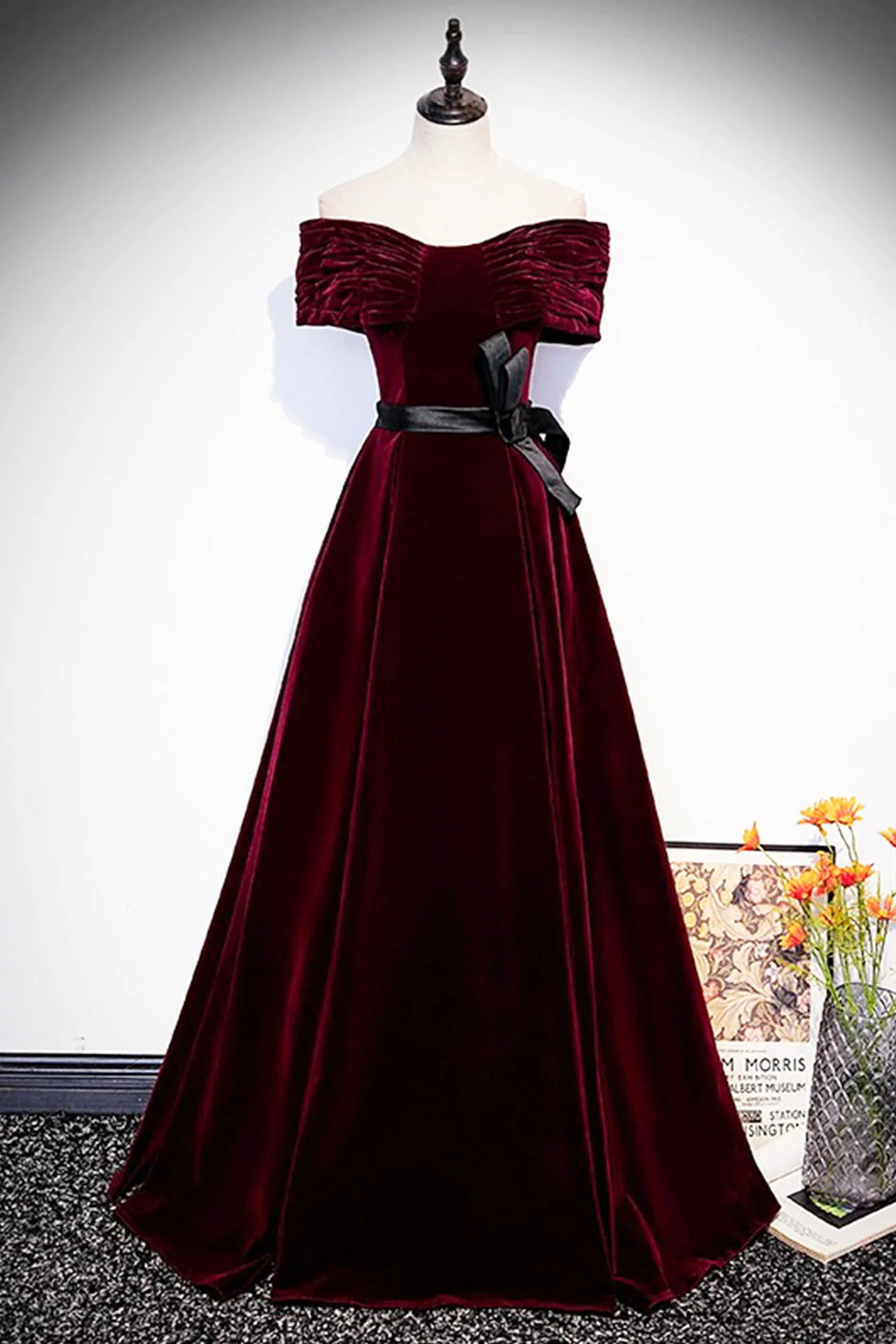 Burgundy Velvet Floor Length Prom Dress Elegant Off the Shoulder Party Dress simple gentle atmospheric and unique desi Bring summer colors to enhance white