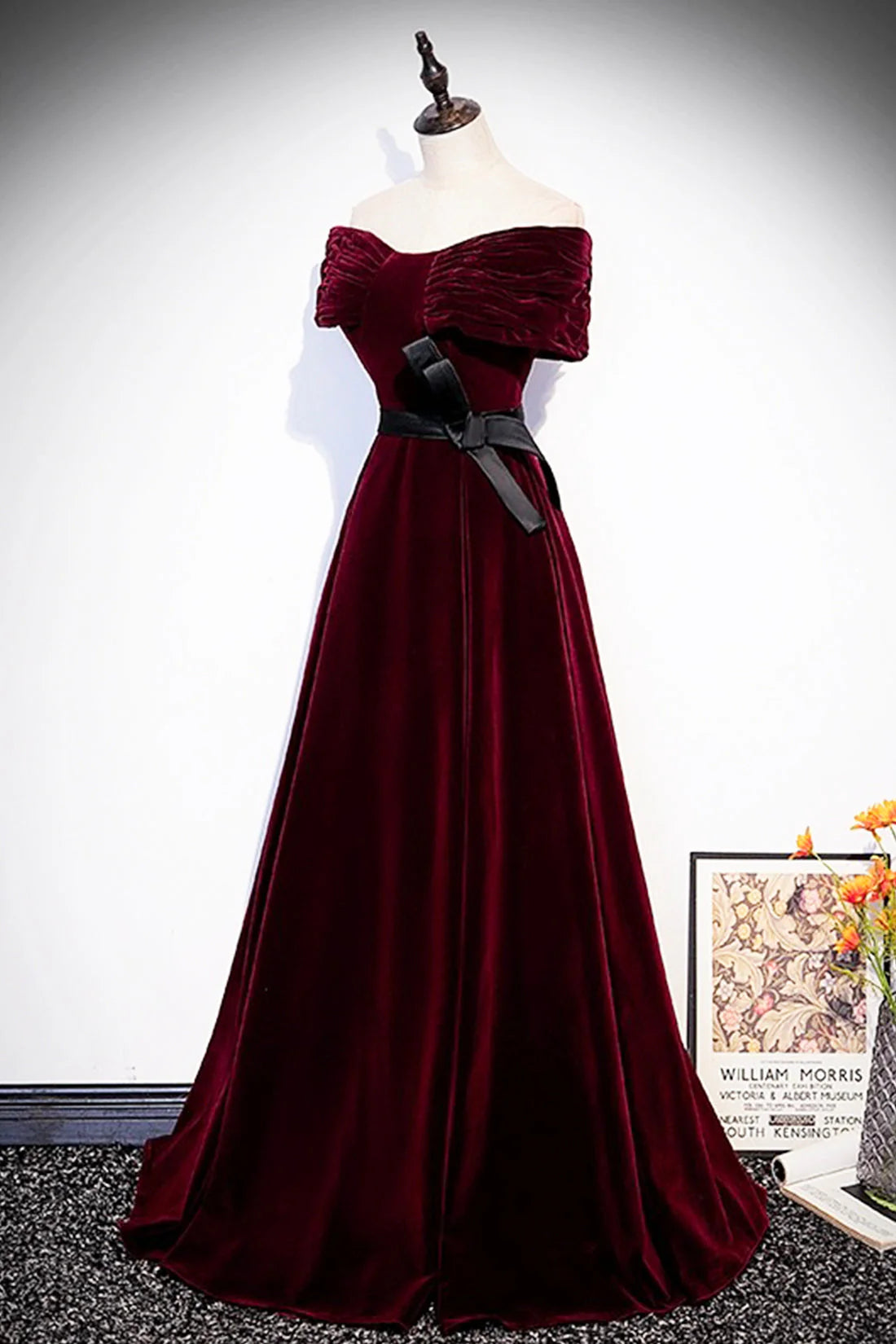 Burgundy Velvet Floor Length Prom Dress Elegant Off the Shoulder Party Dress simple gentle atmospheric and unique desi Bring summer colors to enhance white