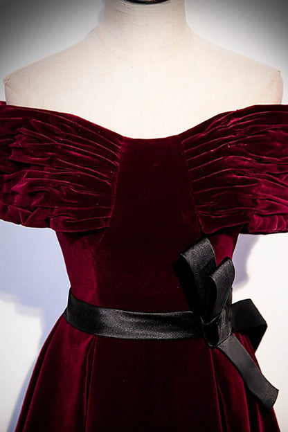 Burgundy Velvet Floor Length Prom Dress Elegant Off the Shoulder Party Dress simple gentle atmospheric and unique desi Bring summer colors to enhance white