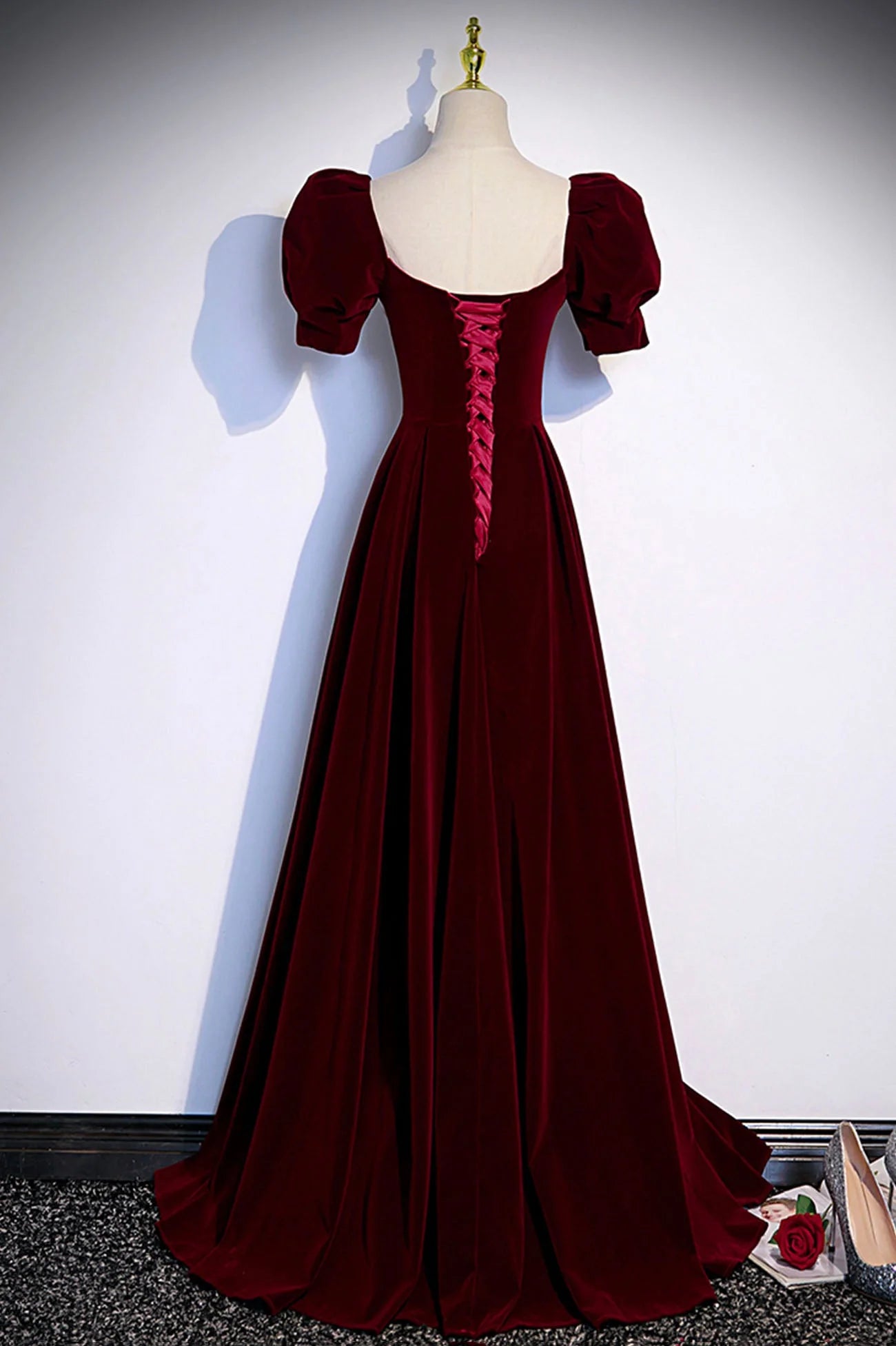 Burgundy Velvet Long A-Line Prom Dress Simple Short Sleeve Party Dress simple gentle atmospheric and unique desi Bring summer colors to enhance white