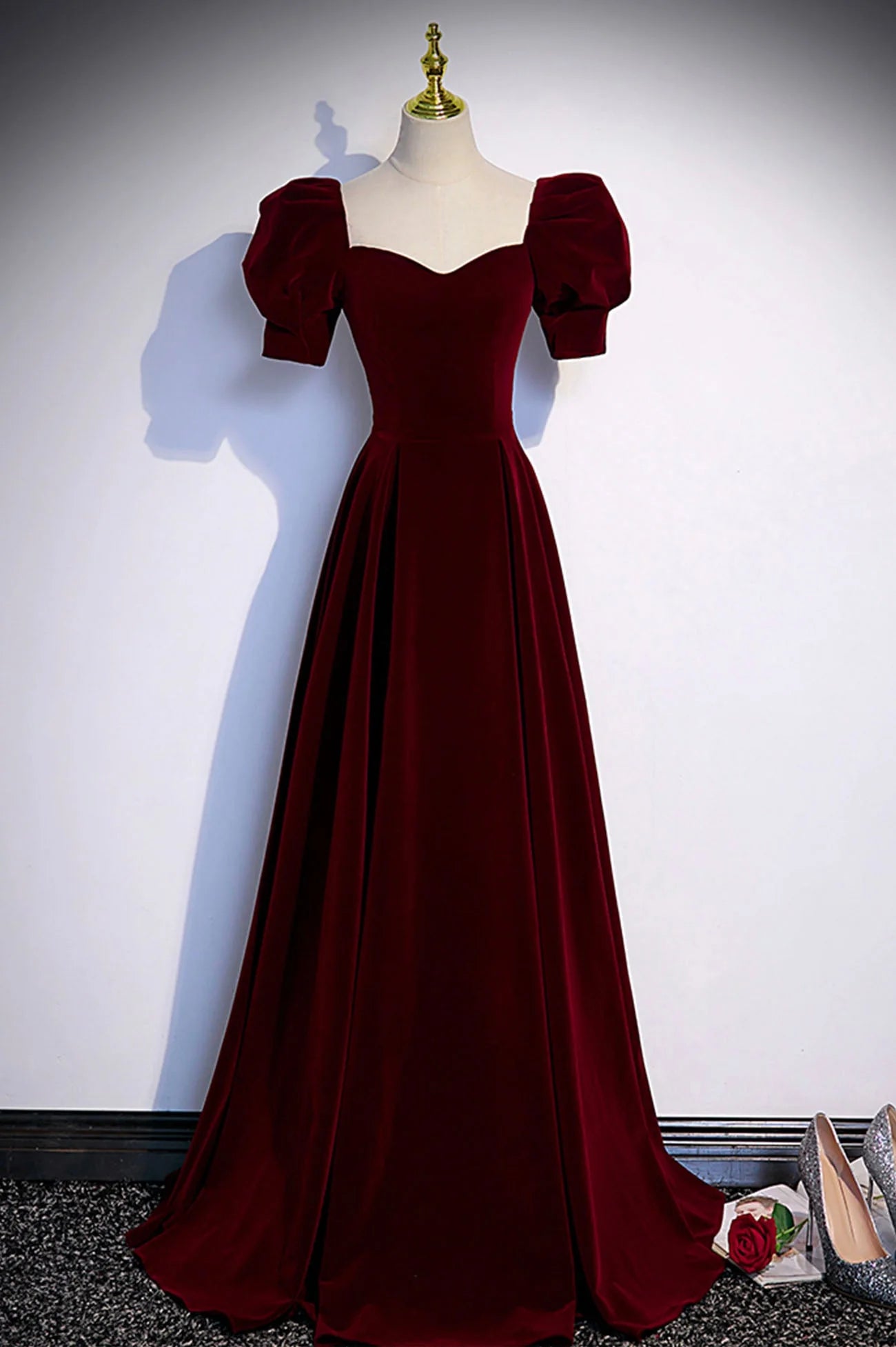 Burgundy Velvet Long A-Line Prom Dress Simple Short Sleeve Party Dress simple gentle atmospheric and unique desi Bring summer colors to enhance white