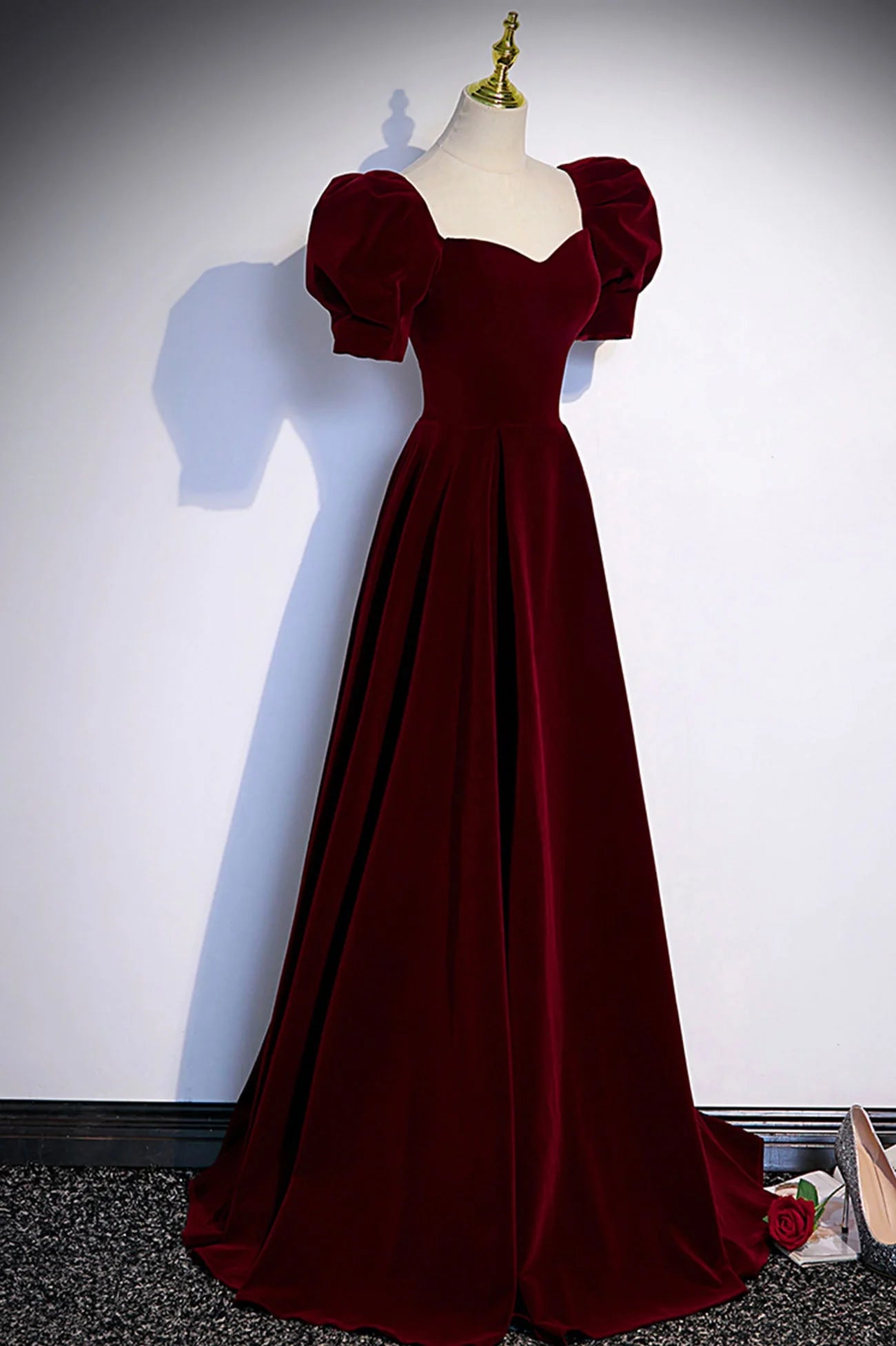 Burgundy Velvet Long A-Line Prom Dress Simple Short Sleeve Party Dress simple gentle atmospheric and unique desi Bring summer colors to enhance white