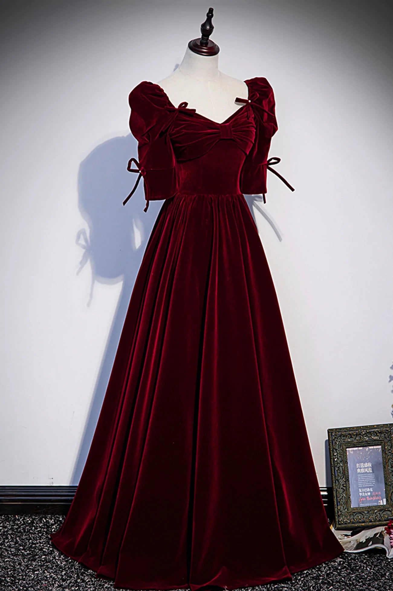 Burgundy Velvet Long Evening Party Dress  A-Line Short Sleeve Prom Dress simple gentle atmospheric and unique desi Bring summer colors to enhance whitenes