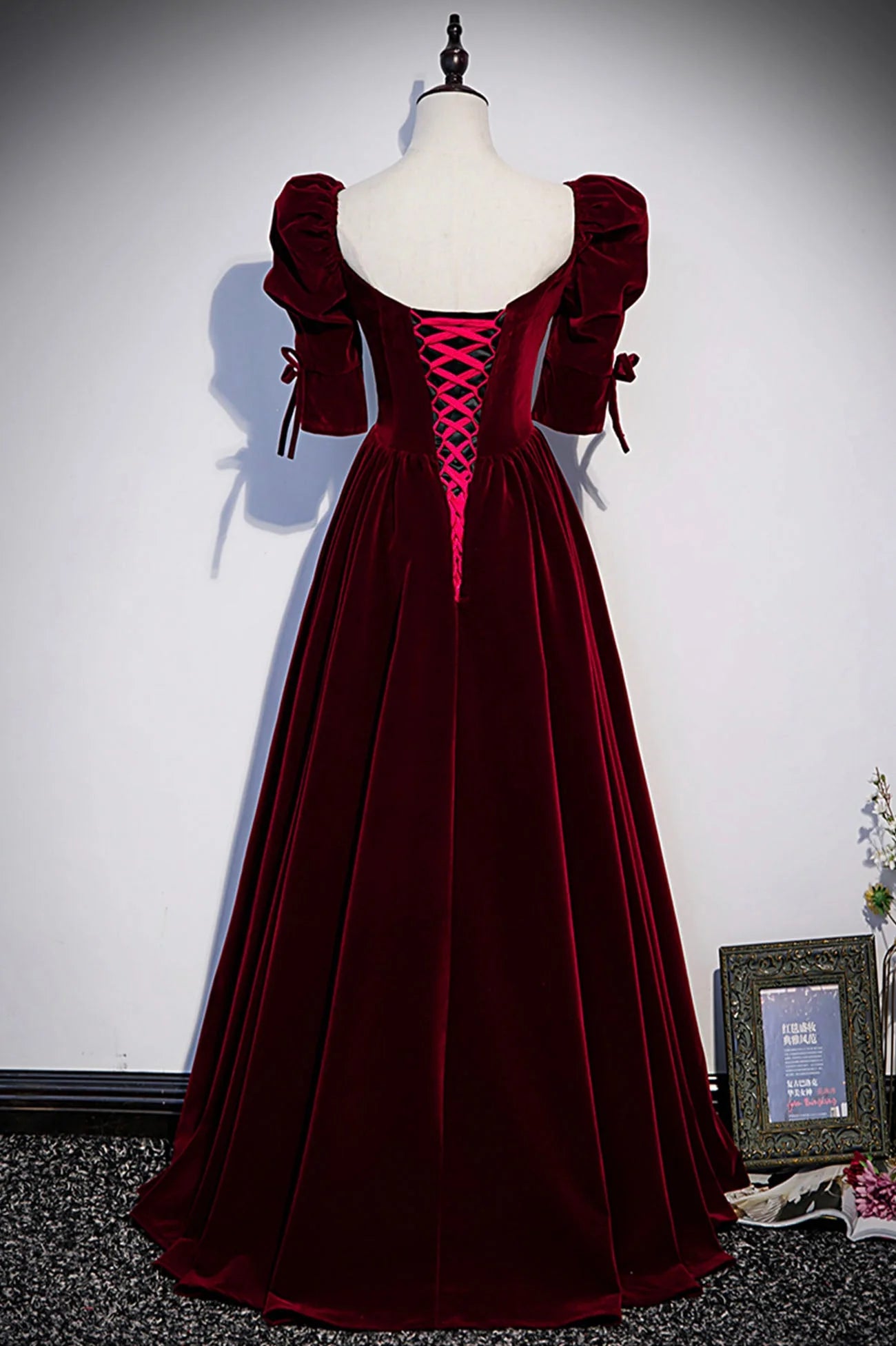 Burgundy Velvet Long Evening Party Dress  A-Line Short Sleeve Prom Dress simple gentle atmospheric and unique desi Bring summer colors to enhance whitenes