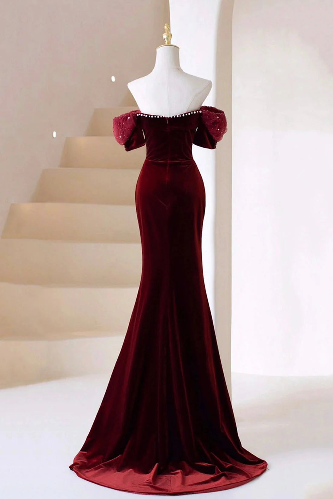 Burgundy Velvet Long Prom Dress Burgundy Off Shoulder Pearl Evening Dress simple gentle atmospheric and unique desi Bring summer colors to enhance white